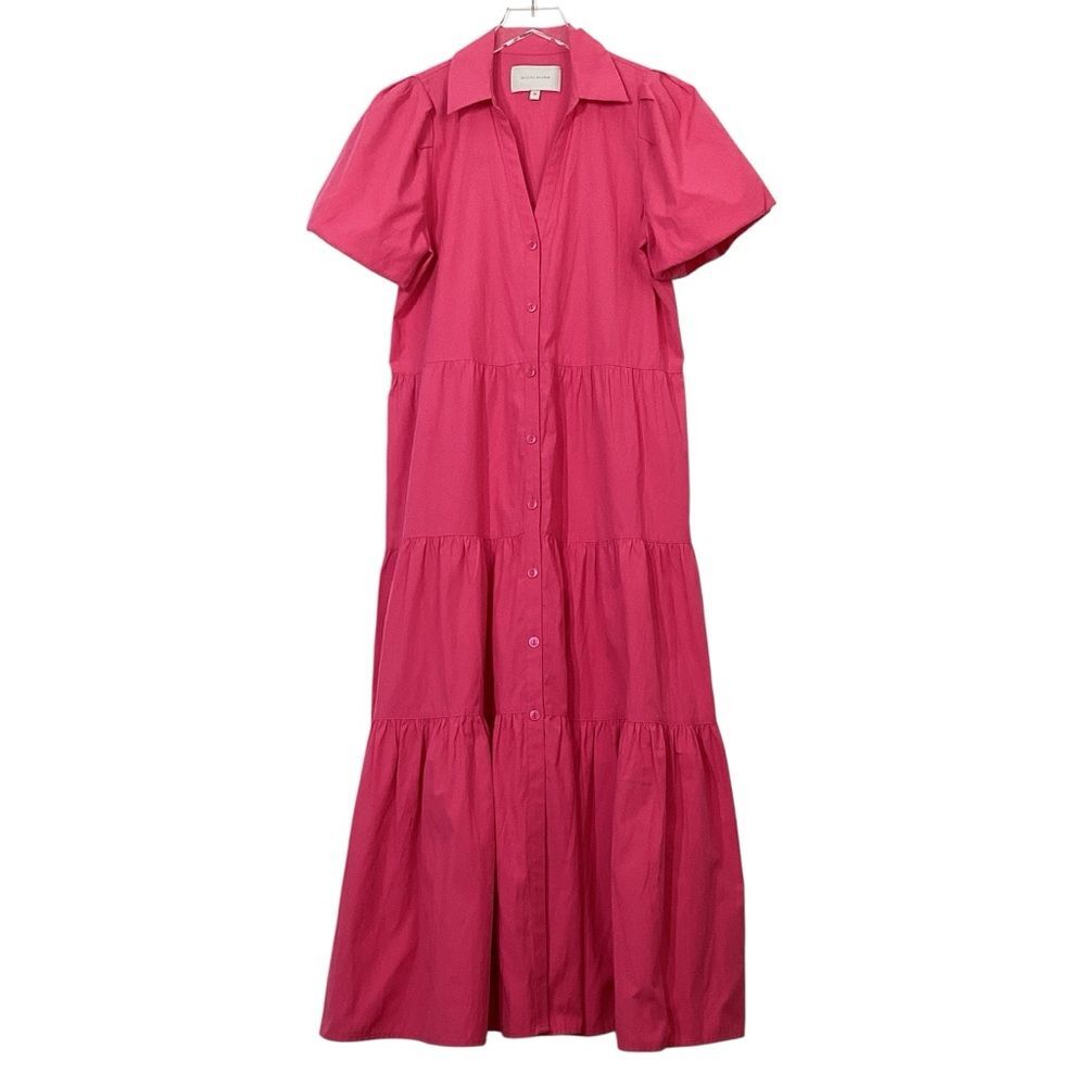 BROCHU WALKER Havana Dress M Hot Pink Tiered Midi Shirtdress Puff Sleeve - Picture 2 of 11